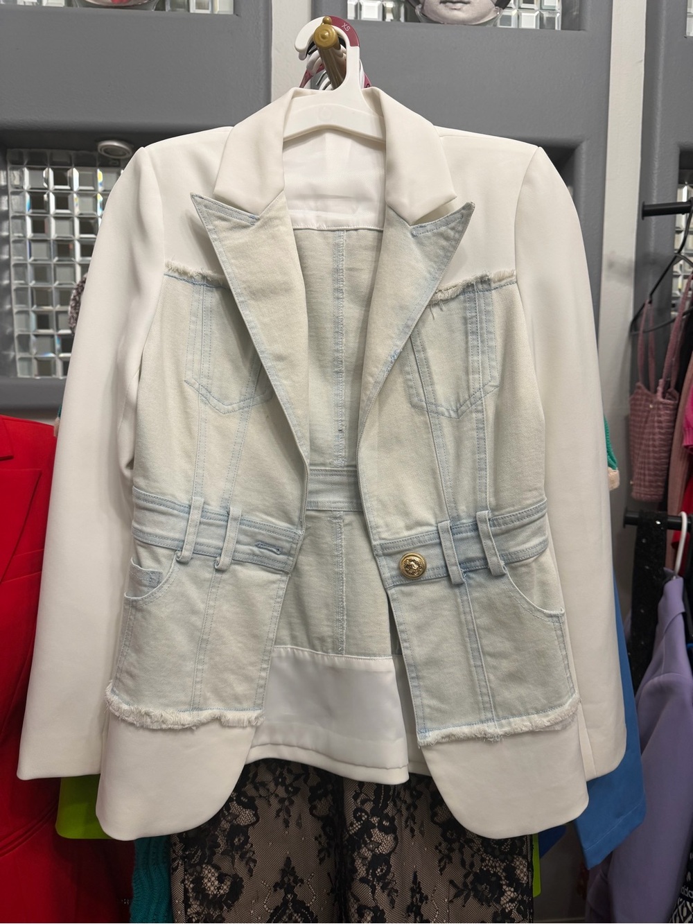 White & Light Denim Patch Blazer Jacket - Women